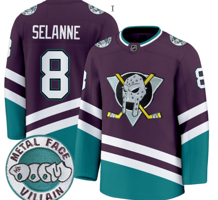 Men Teemu Selänne Jersey 8 Anaheim Ducks Mf Doom Metal Face Villain Stitched