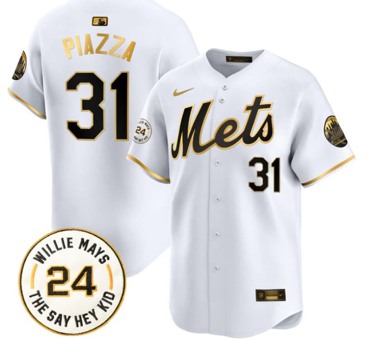 Mike Piazza Jersey 31 Mets Willie Mays Patch Vapor Premier Limited Stitched White Gold