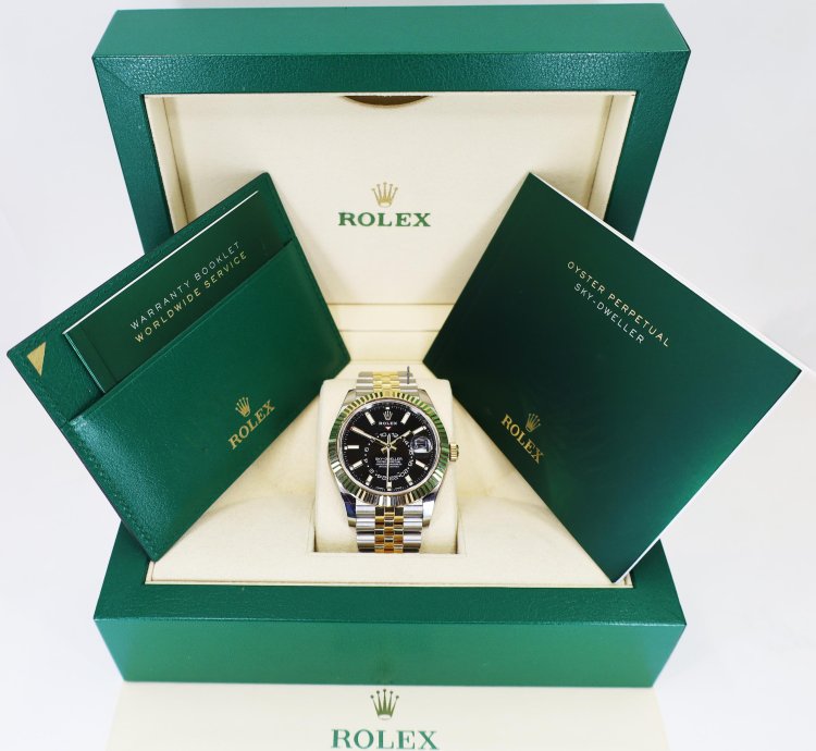 Rolex Sky-dweller 42mm Fluted Bezel Steel Yellow Gold Black Index Dial Jubilee Bracelet 326933