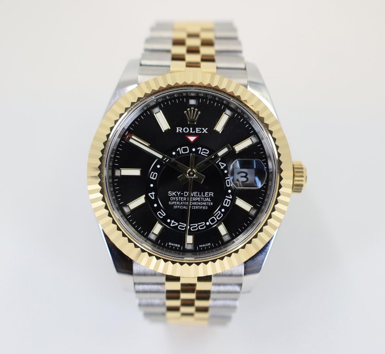 Rolex Sky-dweller 42mm Fluted Bezel Steel Yellow Gold Black Index Dial Jubilee Bracelet 326933