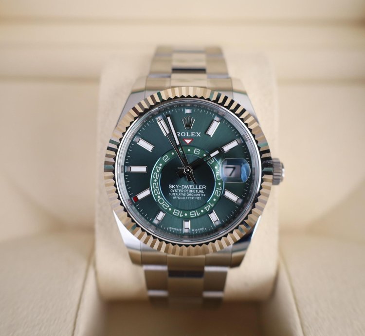 Rolex Sky-dweller 42mm Fluted Bezel White Gold Mint Green Index Dial Oyster Bracelet 336934