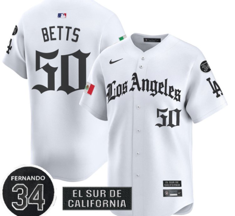 Mookie Betts Jersey 50 Dodgers Mexico 2025 La Gothic Style Patch Premier Limited Stitched White