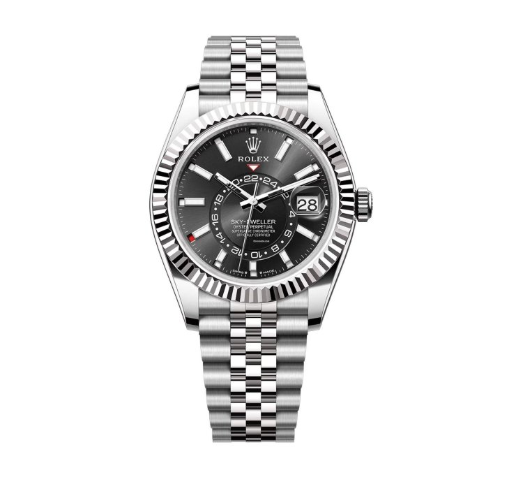 Rolex Sky-dweller 42mm Stainless Steel Black Dial 18k Fluted Bezel Jubilee Bracelet