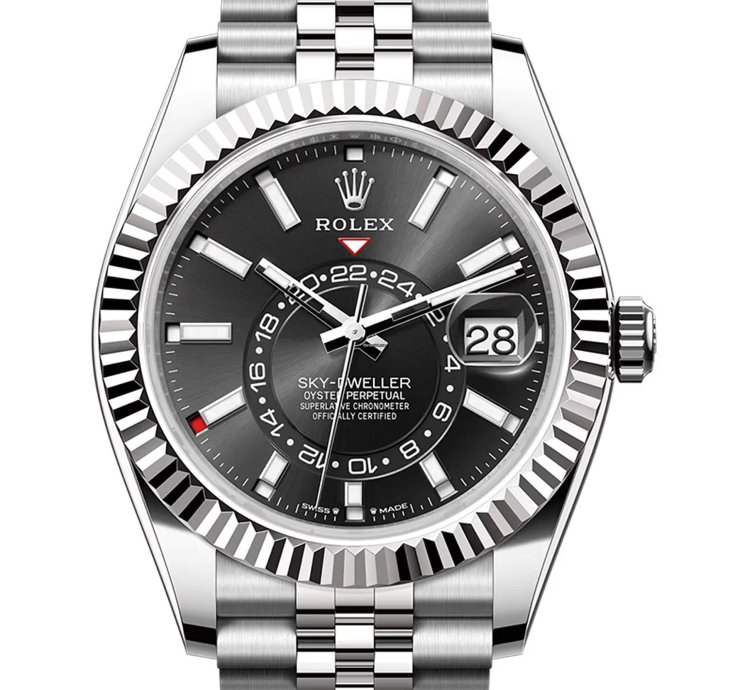 Rolex Sky-dweller 42mm Stainless Steel Black Dial 18k Fluted Bezel Jubilee Bracelet