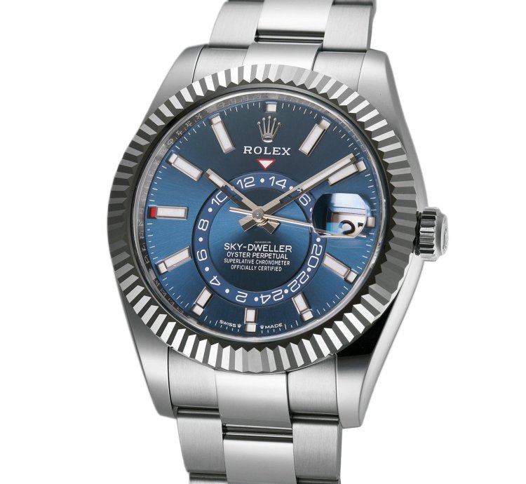 Rolex Sky-dweller 42mm Stainless Steel Blue Dial 18k Fluted Bezel Oyster Bracelet