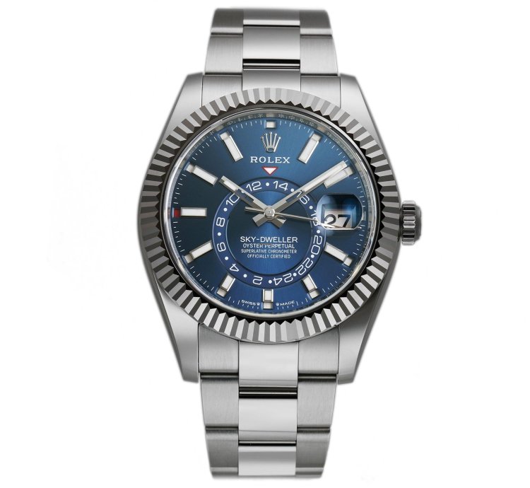 Rolex Sky-dweller 42mm Stainless Steel Blue Dial 18k Fluted Bezel Oyster Bracelet