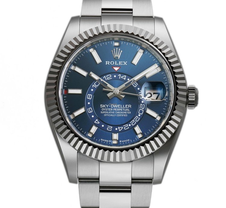 Rolex Sky-dweller 42mm Stainless Steel Blue Dial 18k Fluted Bezel Oyster Bracelet