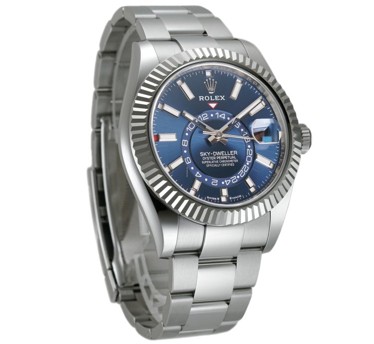 Rolex Sky-dweller 42mm Stainless Steel Blue Dial 18k Fluted Bezel Oyster Bracelet
