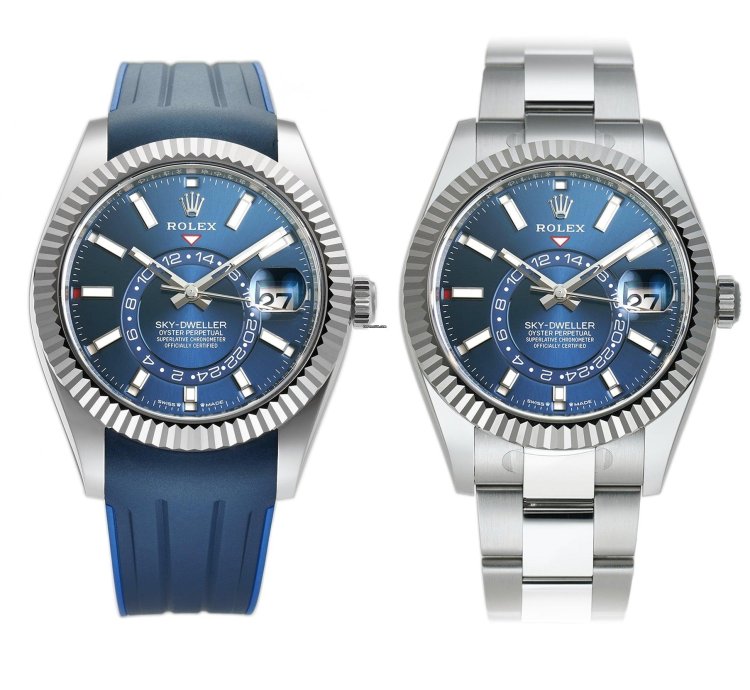 Rolex Sky-dweller 42mm Stainless Steel Blue Dial 18k Fluted Bezel Oyster Bracelet With Rubberb