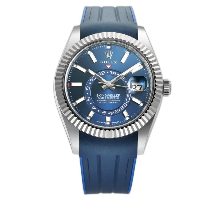 Rolex Sky-dweller 42mm Stainless Steel Blue Dial 18k Fluted Bezel Oyster Bracelet With Rubberb