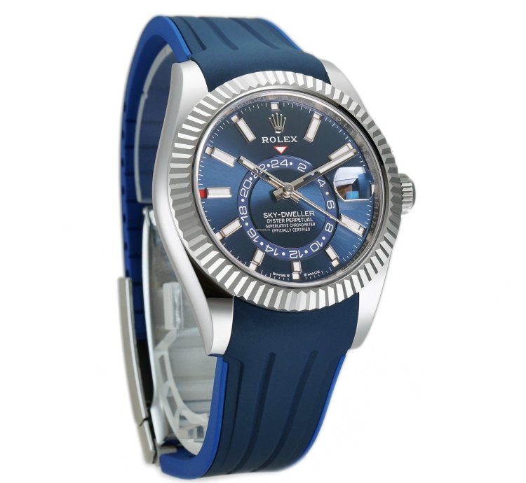 Rolex Sky-dweller 42mm Stainless Steel Blue Dial 18k Fluted Bezel Oyster Bracelet With Rubberb