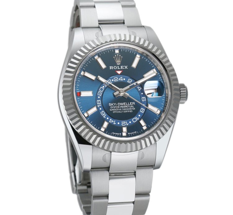 Rolex Sky-dweller 42mm Stainless Steel Blue Dial 18k Fluted Bezel Oyster Bracelet With Rubberb