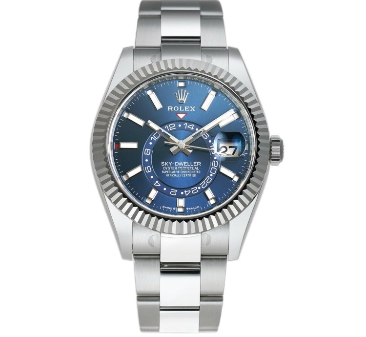 Rolex Sky-dweller 42mm Stainless Steel Blue Dial 18k Fluted Bezel Oyster Bracelet With Rubberb