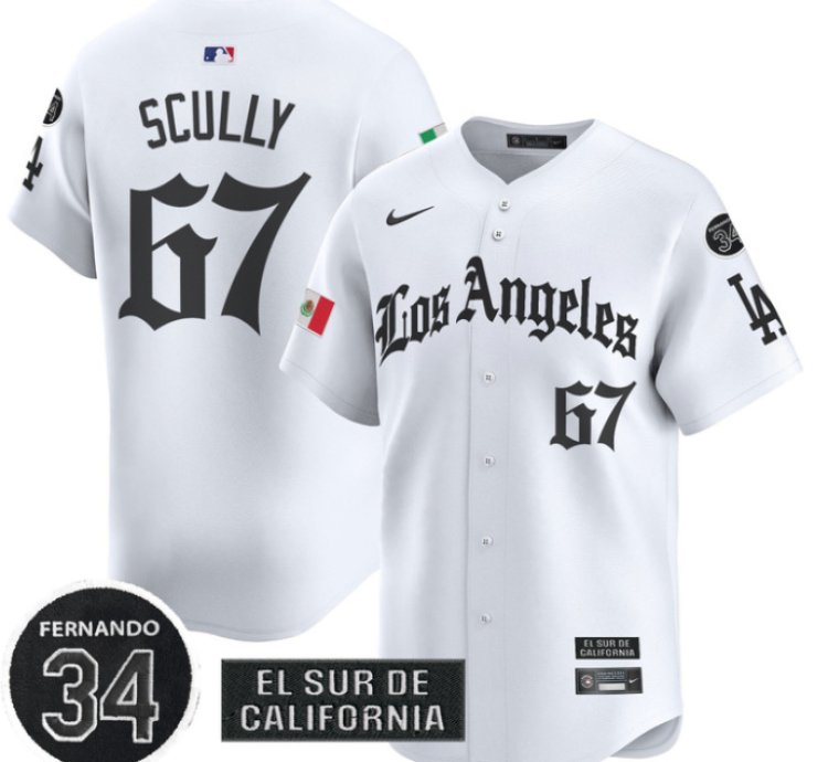 Vin Scully Jersey 67 Dodgers Mexico 2025 La Gothic Style Patch Premier Limited Stitched White