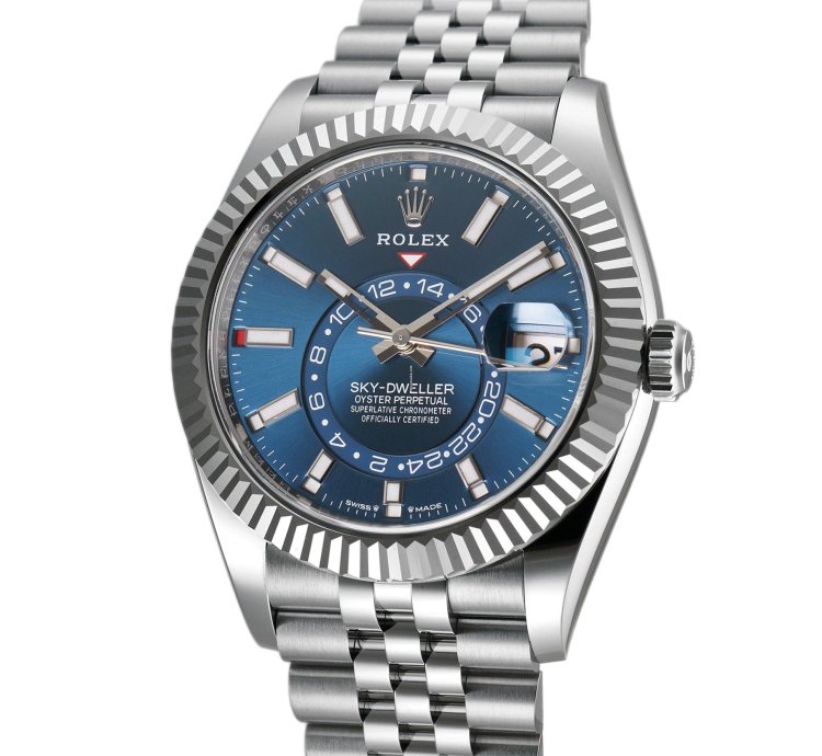 Rolex Sky-dweller 42mm Steel Blue Dial 18k Fluted Bezel Jubilee Bracelet