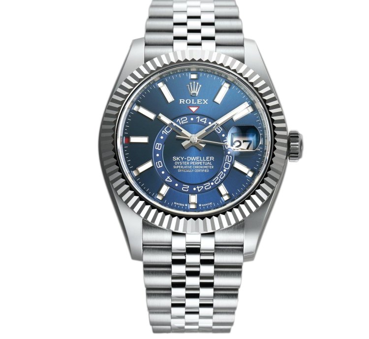 Rolex Sky-dweller 42mm Steel Blue Dial 18k Fluted Bezel Jubilee Bracelet