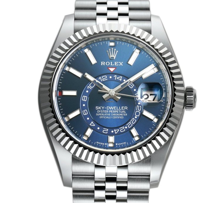 Rolex Sky-dweller 42mm Steel Blue Dial 18k Fluted Bezel Jubilee Bracelet