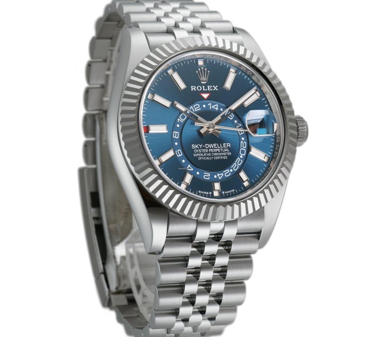 Rolex Sky-dweller 42mm Steel Blue Dial 18k Fluted Bezel Jubilee Bracelet