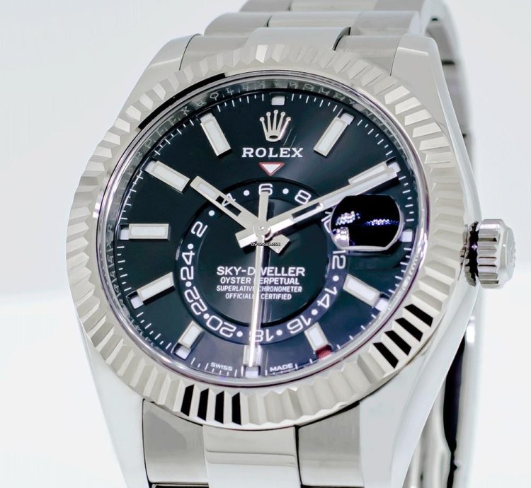 Rolex Sky-dweller 42mm White Gold Steel Black Index Dial Fluted Bezel 336934