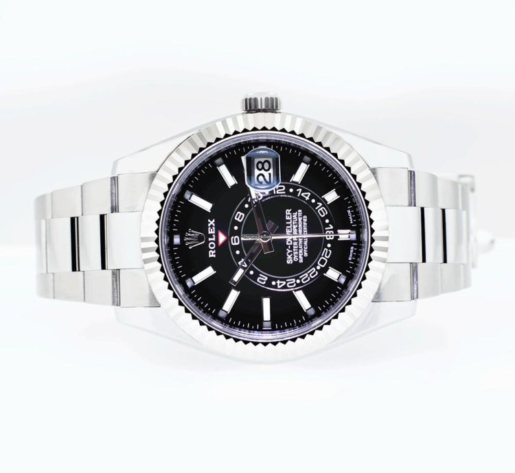 Rolex Sky-dweller 42mm White Gold Steel Black Index Dial Fluted Bezel 336934