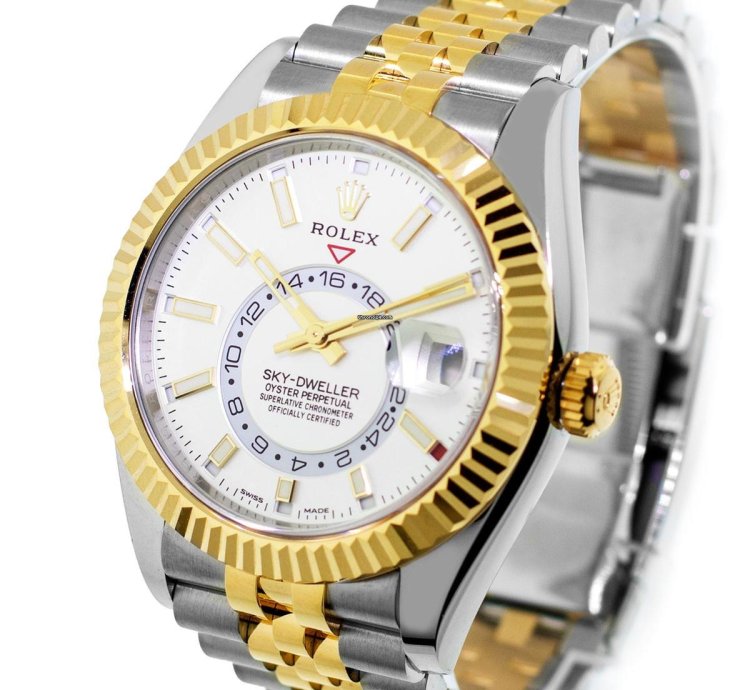 Rolex Sky-dweller 42mm Yellow Gold Stainless Steel White Index Dial Fluted Bezel 336933