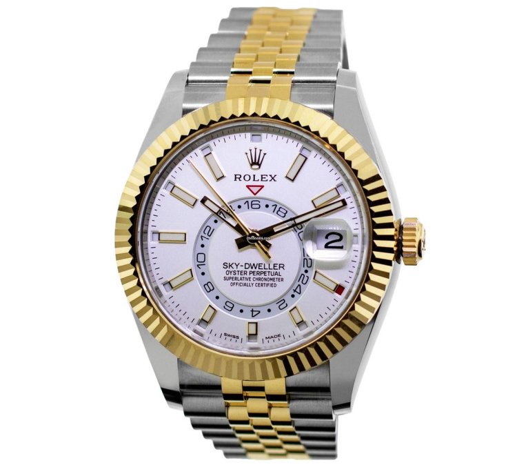 Rolex Sky-dweller 42mm Yellow Gold Stainless Steel White Index Dial Fluted Bezel 336933
