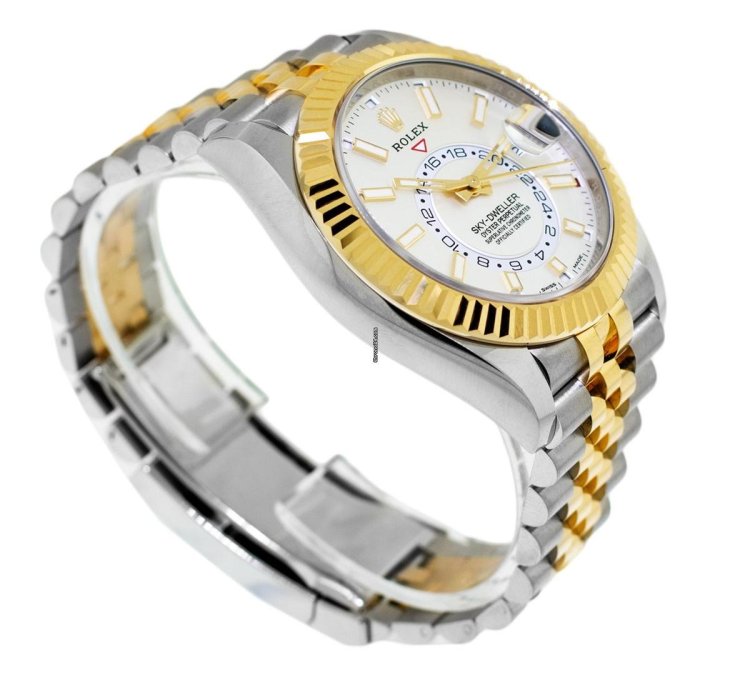 Rolex Sky-dweller 42mm Yellow Gold Stainless Steel White Index Dial Fluted Bezel 336933