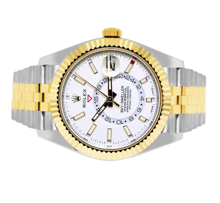 Rolex Sky-dweller 42mm Yellow Gold Stainless Steel White Index Dial Fluted Bezel 336933