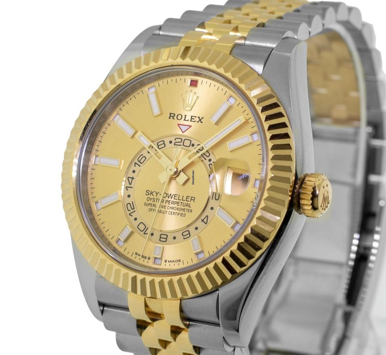Rolex Sky-dweller 42mm Yellow Gold Steel Champagne Index Dial Fluted Bezel 336933
