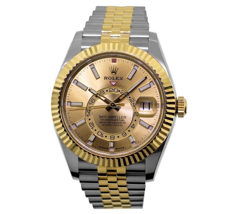 Rolex Sky-dweller 42mm Yellow Gold Steel Champagne Index Dial Fluted Bezel 336933