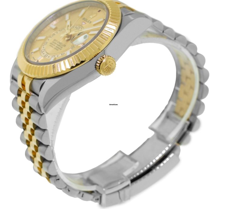 Rolex Sky-dweller 42mm Yellow Gold Steel Champagne Index Dial Fluted Bezel 336933