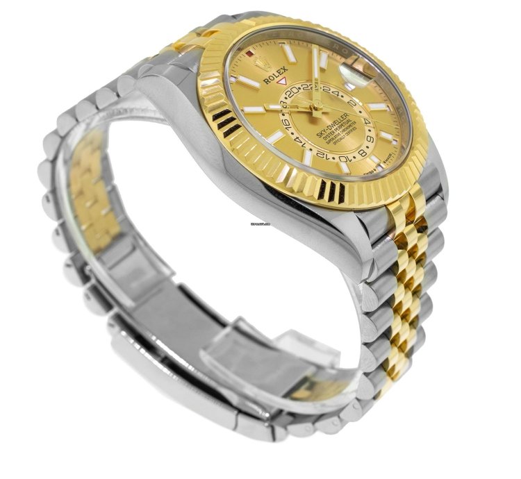 Rolex Sky-dweller 42mm Yellow Gold Steel Champagne Index Dial Fluted Bezel 336933
