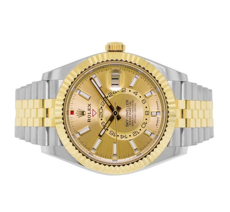 Rolex Sky-dweller 42mm Yellow Gold Steel Champagne Index Dial Fluted Bezel 336933
