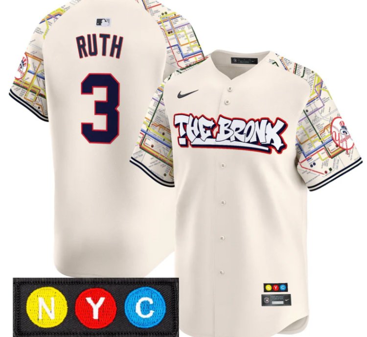 Babe Ruth Jersey 3 New York Yankees The Bronx Subway Style Premier Stitched Cream