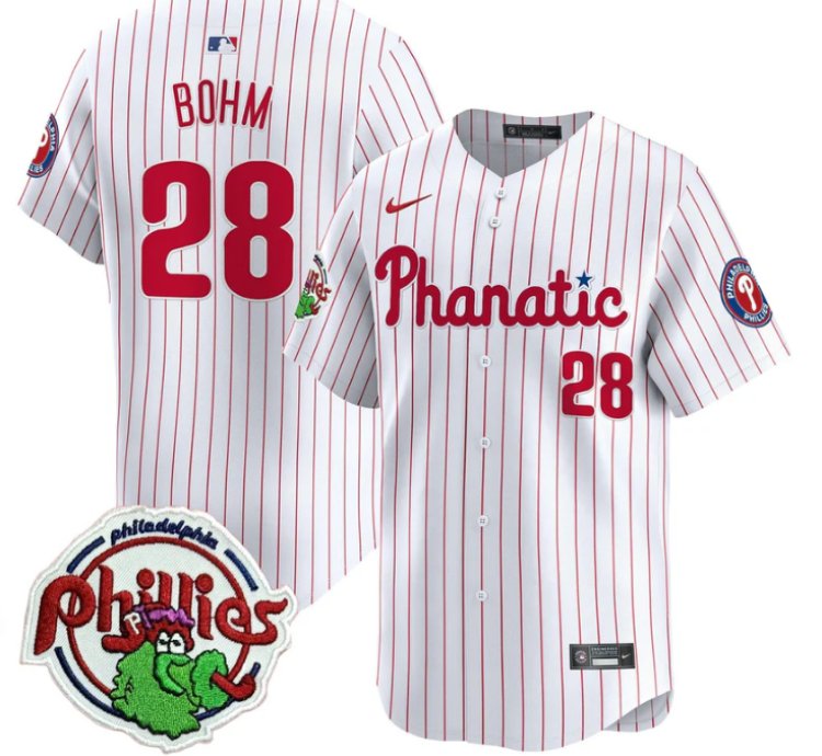 Alec Bohm Jersey 28 Phillies Phanatic Patch Vapor Premier Limited Stitched White Pinstripe