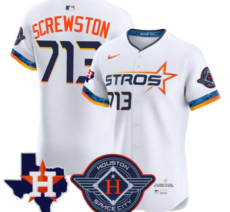 Screwston Jersey 713 Houston Astros 2025 City Connect Texas Patch Premier Elite Stitched White