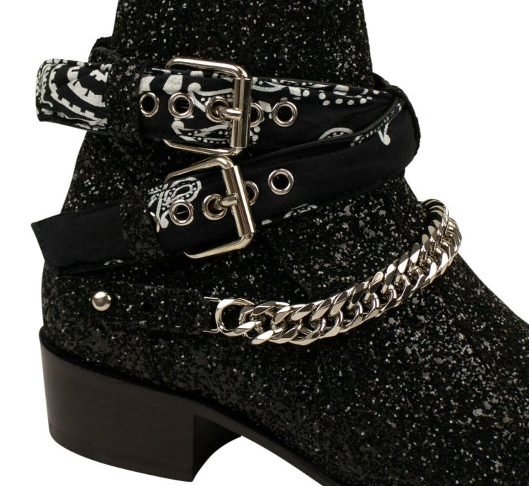 Black Glitter Bandana Buckle Ankle Boots Size 43