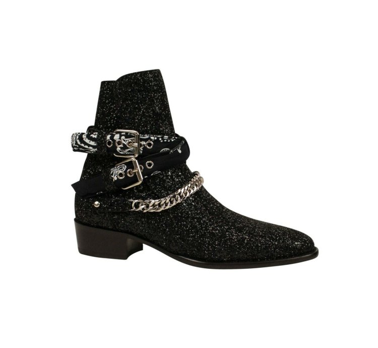 Black Glitter Bandana Buckle Ankle Boots Size 43