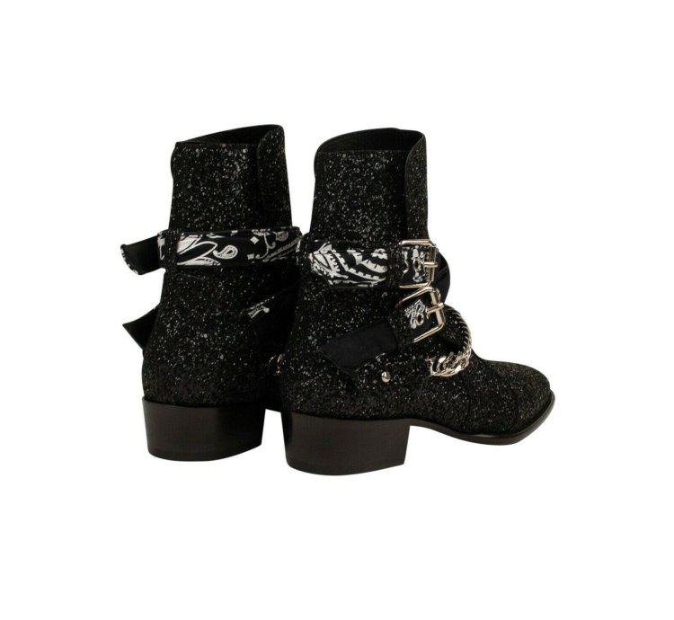 Black Glitter Bandana Buckle Ankle Boots Size 44