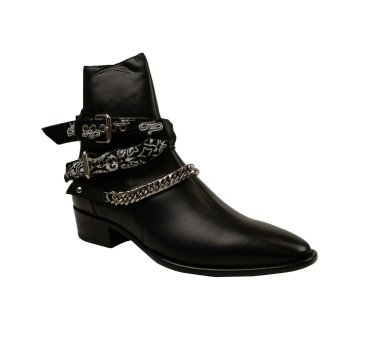 Black Leather Bandana Buckle Boots Size 44