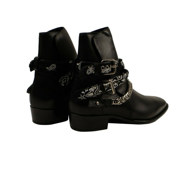 Black Leather Bandana Buckle Boots Size 44