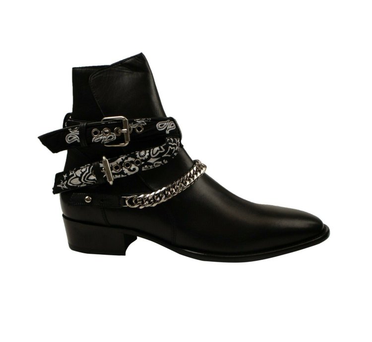 Black Leather Bandana Buckle Boots Size 44
