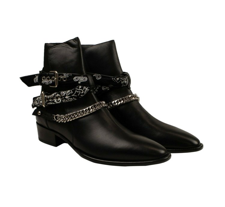 Black Leather Bandana Buckle Boots Size 44