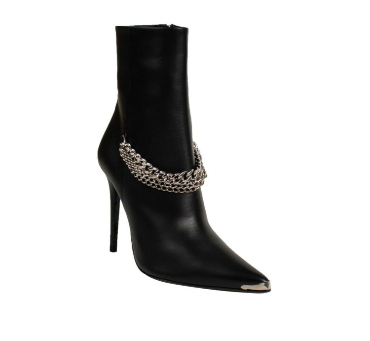 Black Leather Western Chain Heel Boots Shoe Size 9 39