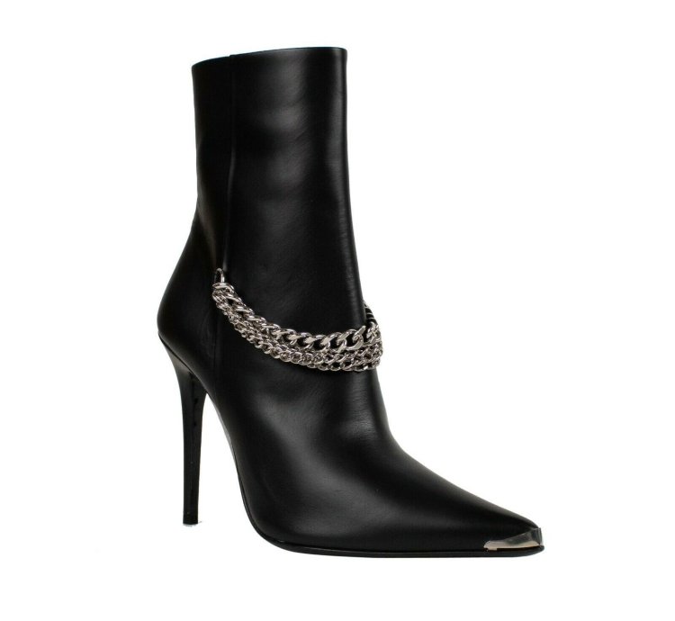 Black Leather Western Chain Heel Boots Shoe Size 9 39