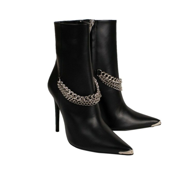 Black Leather Western Chain Heel Boots Shoe Size 9 39