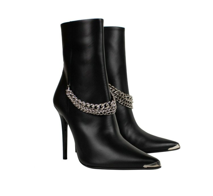 Black Leather Western Chain Heel Boots Shoe Size 9 39