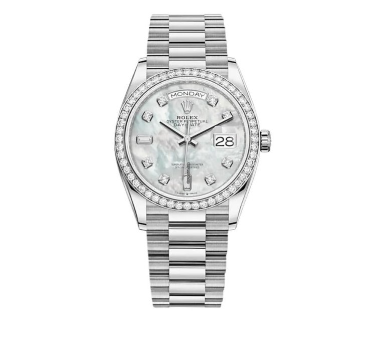 Rolex Day-date 128349rbr White Gold Diamond Bezel Mother Of Pearl Diamond Dial