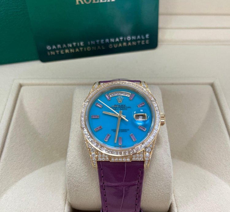 Rolex Day-date 128458tbr Purple Strap Blue Dial Factory Diamonds