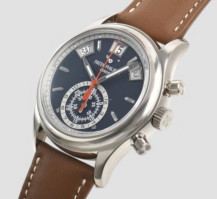 Patek Philippe Annual Calendar Chronograph 5960 01g Chronograph 18k White Gold Blue Dial